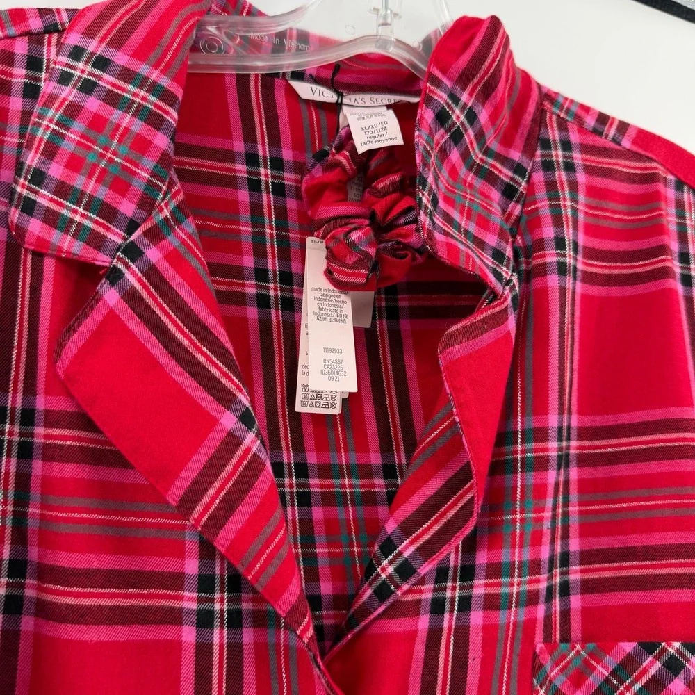 Victorias Secret Red Pink Plaid Pajama Top XL/XG Metallic Lurex & Scrunchie NEW